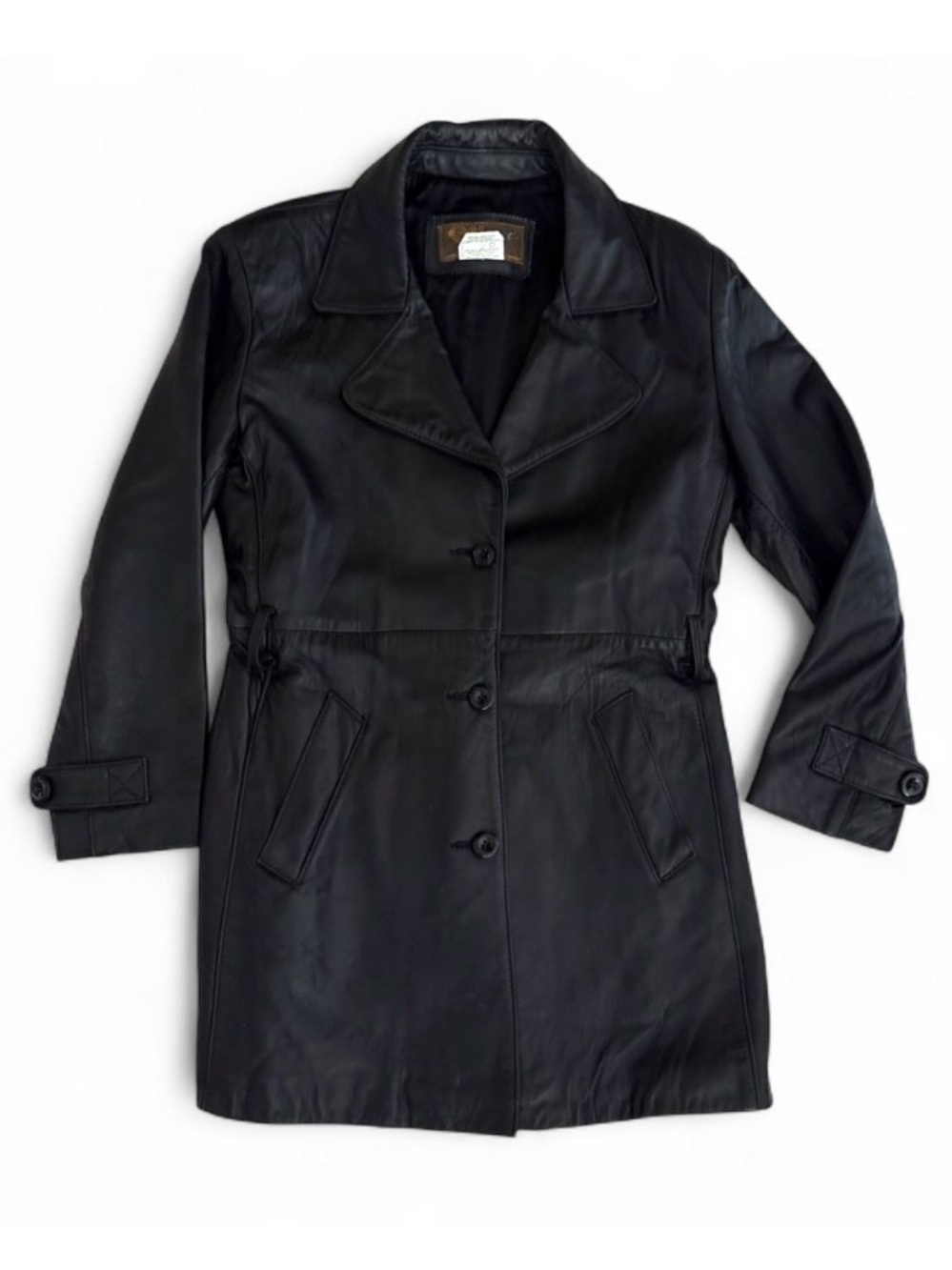 Black Leather Button-Front Trench Coat - Unbranded